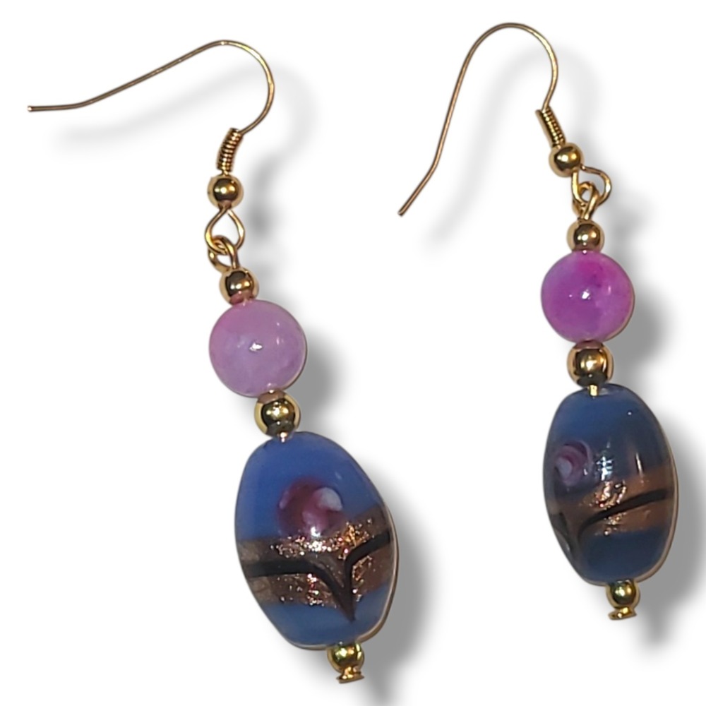 Lampwork Glass Foil Blue Pink Bead Dangle Earrings Gold Tone Handmade Boho